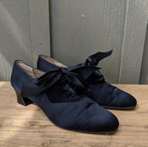 Vintage black satin tuxedo heels with ribbon tie 8